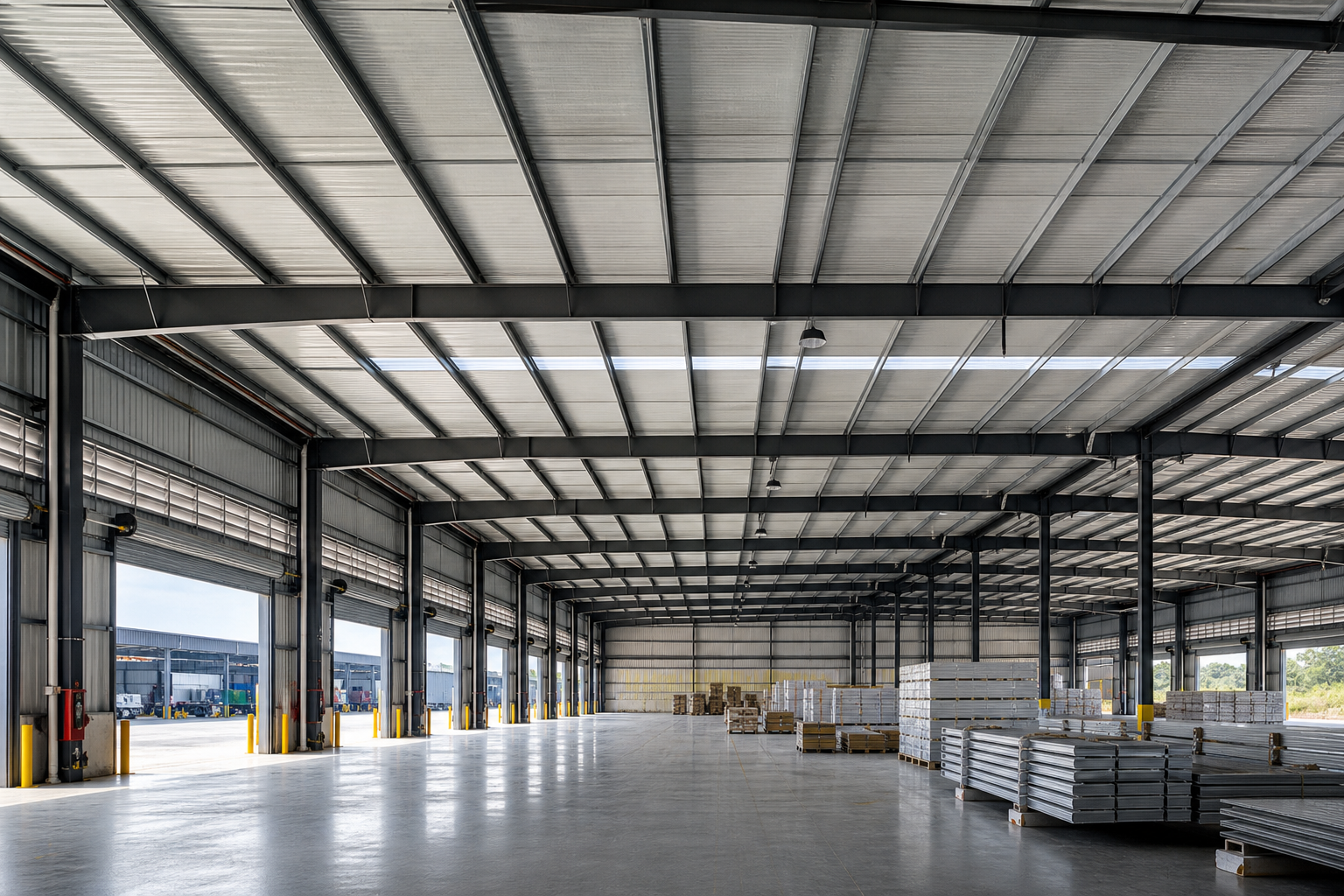 Panorama de cobertura metálica industrial em galpão de grande porte, com linhas estruturais robustas e ambiente de operação logística