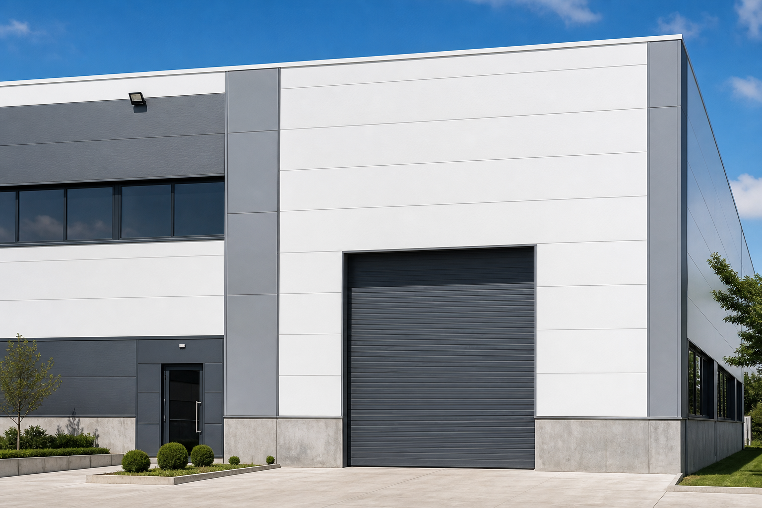 Painéis termoacústicos de fechamento instalados em fachada industrial limpa e modular