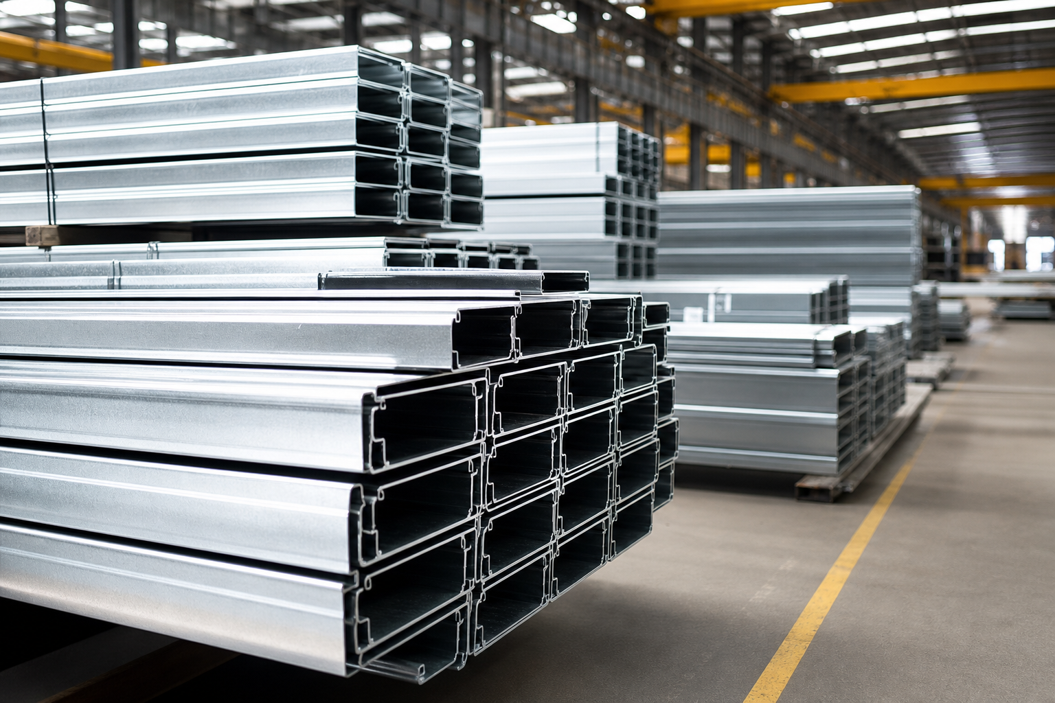 Perfis metálicos estruturais empilhados em fábrica com acabamento galvanizado e precisão linear