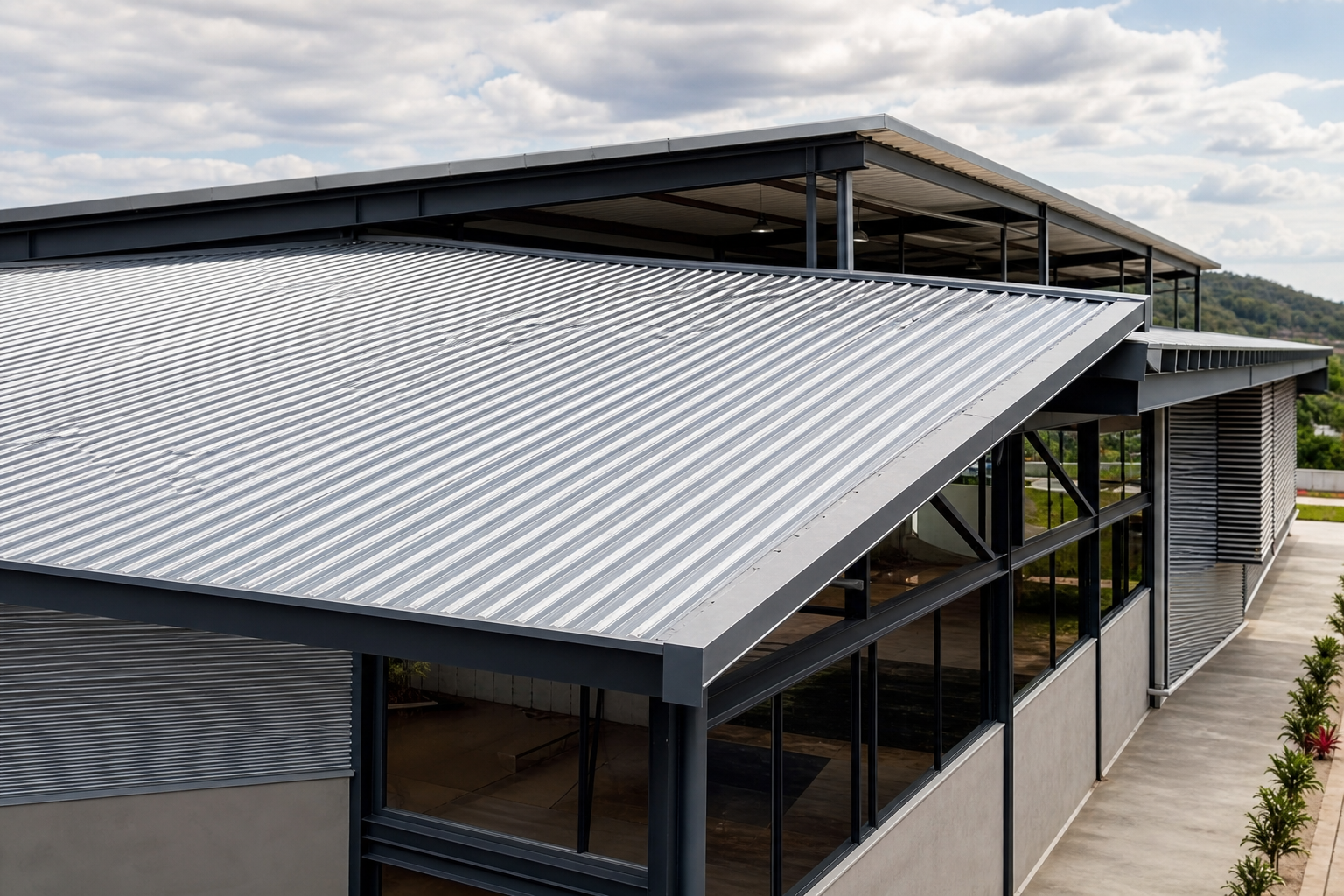 Telhas metálicas trapezoidais galvanizadas organizadas em cobertura comercial contemporânea