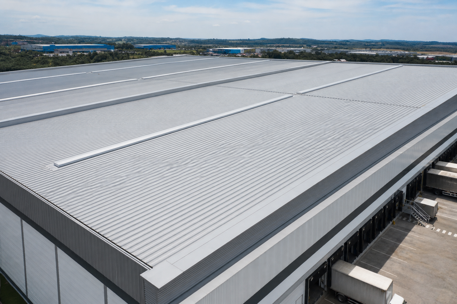 Cobertura industrial com telhas termoacústicas metálicas de grande formato instaladas em galpão