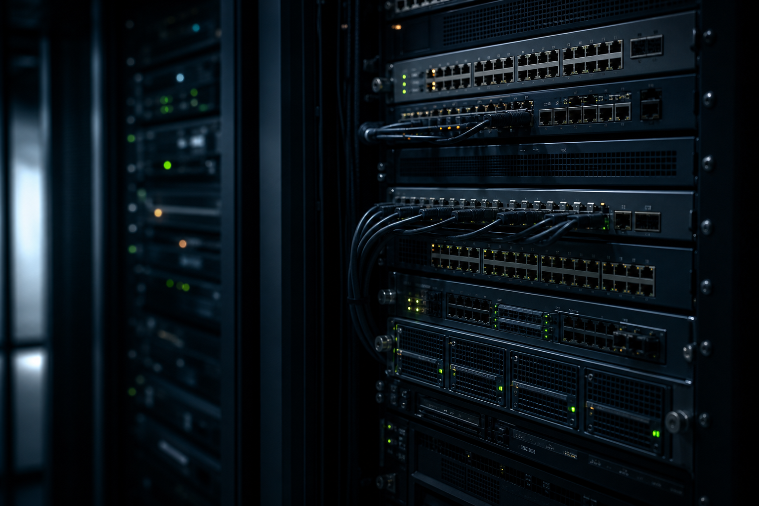 Low-light enterprise server room with stacked network switches and restrained status lights