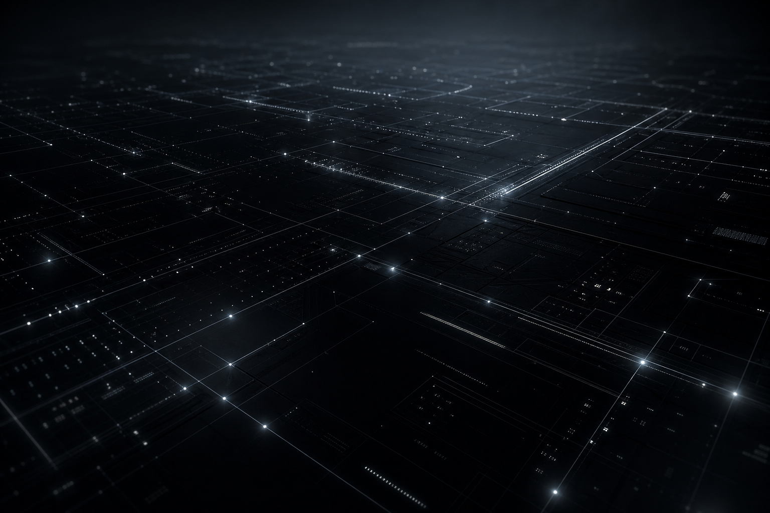 Abstract aerospace-inspired network field with dark circuitry, faint grid light, and cinematic low-light depth