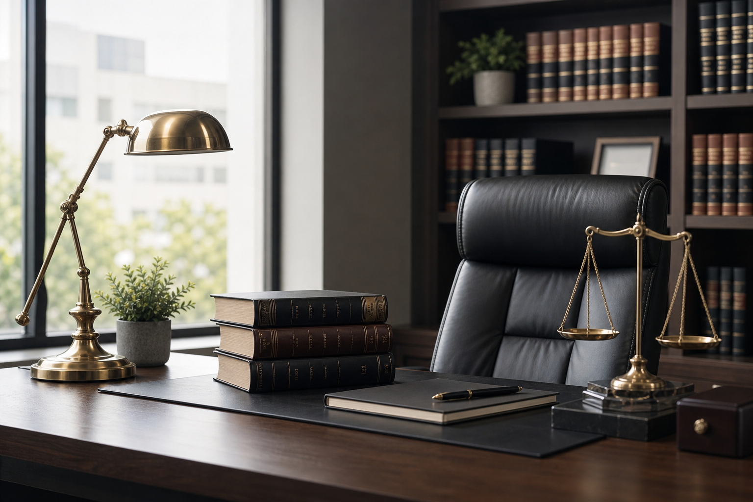Modern law office desk with a leather chair, legal books, and soft daylight