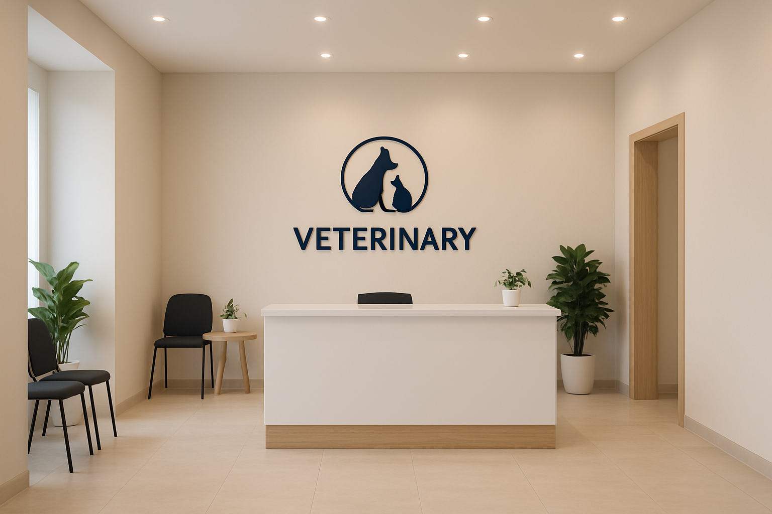 Recepção de clínica veterinária premium com balcão moderno em tons claros, iluminação suave, detalhes em madeira e ambiente organizado