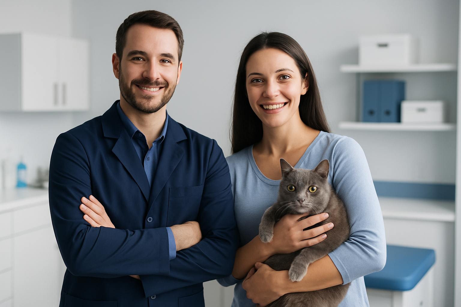 Equipe veterinária corporativa em clínica moderna, profissional com jaleco azul marinho e uma tutora segurando um gato em ambiente limpo e institucional