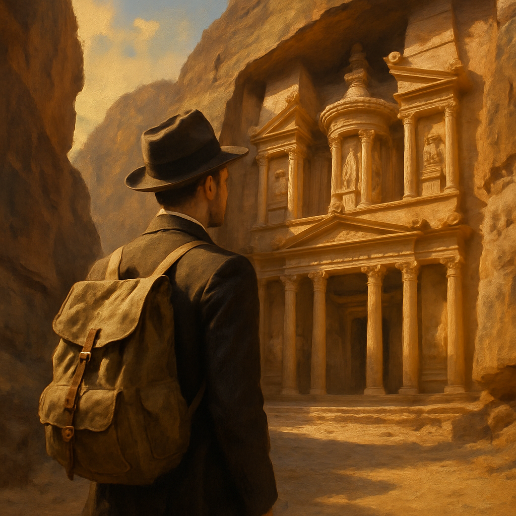 Scène de découverte : voyageur admirant un site naturel ou culturel