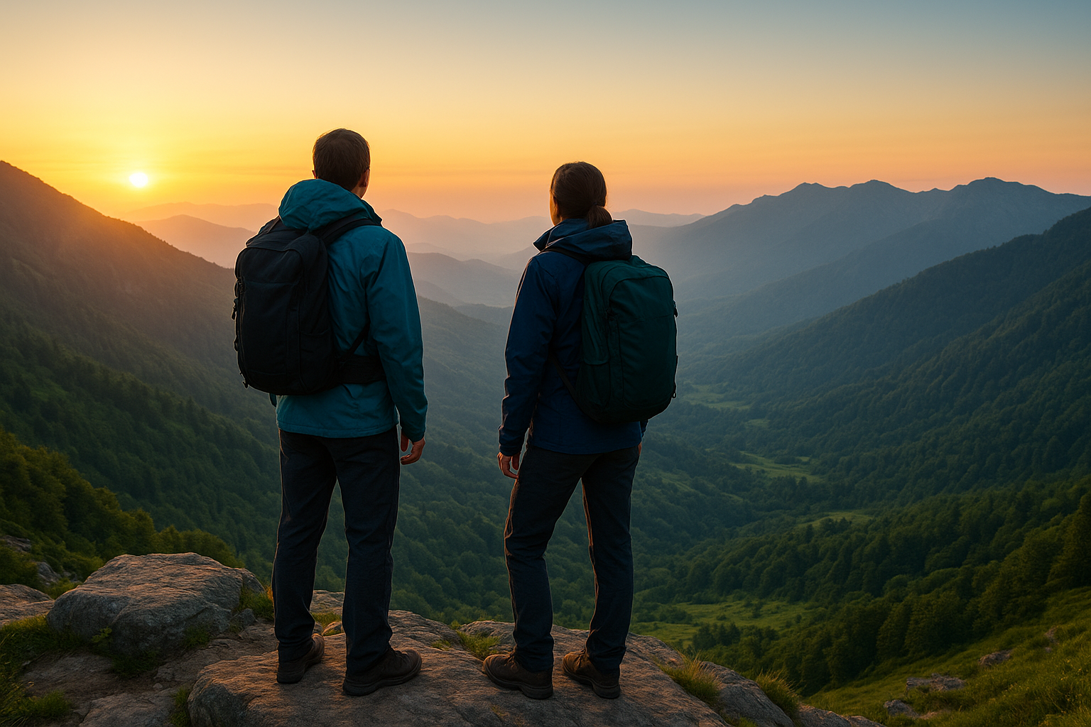 Two mountain guides in teal and navy jackets looking over a dramatic green valley at sunrise
