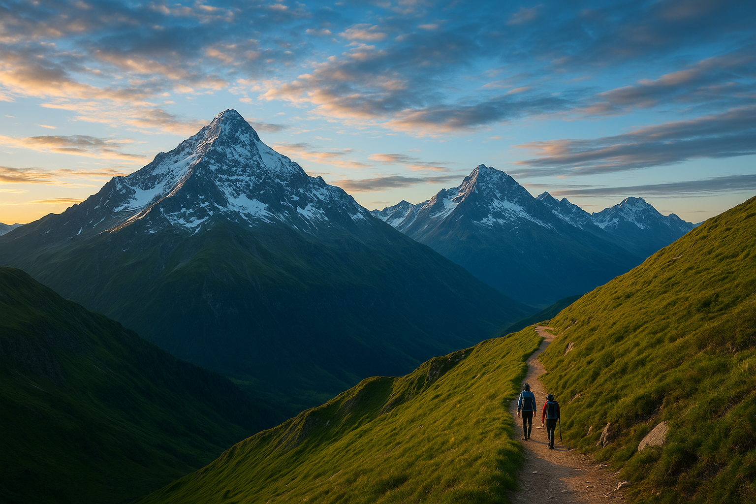 Wide alpine ridge at sunrise with snow-capped peaks and hikers on a trail