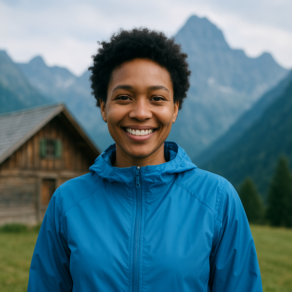 Portrait of a smiling woman with short curly hair in a blue windbreaker, standing near a mountain lodge