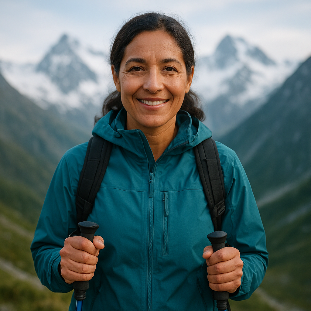 Portrait of a middle-aged female mountain guide with a teal jacket and trekking poles against a snowy ridge
