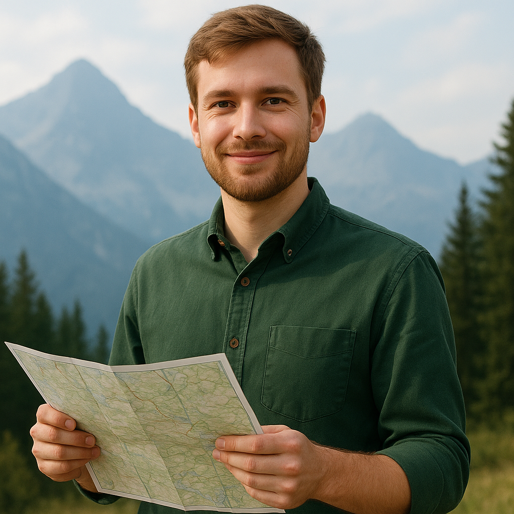 Portrait of a young male trip planner wearing a forest-green shirt, holding a map with mountain peaks behind