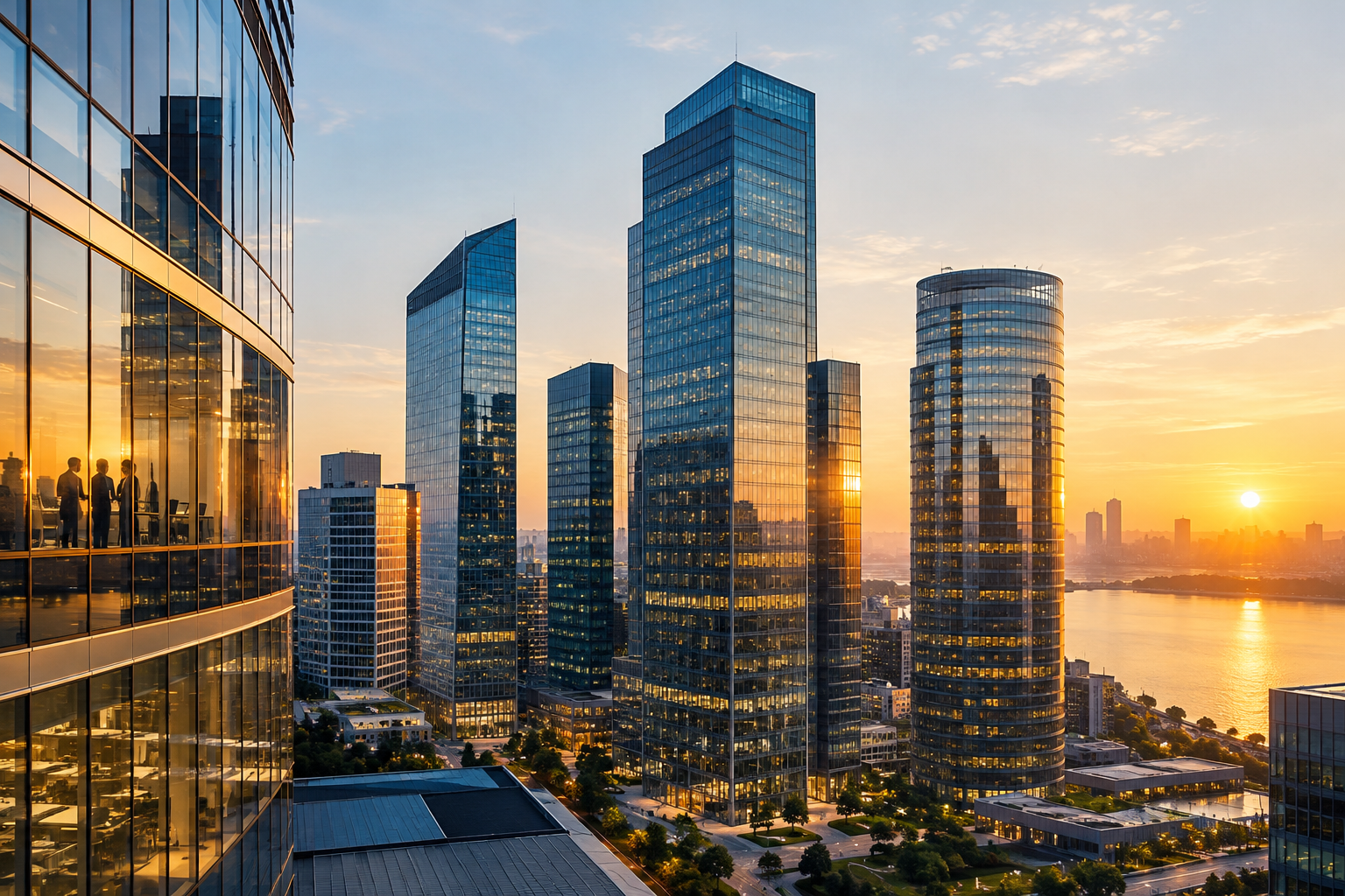 Polished modern corporate headquarters tower district at golden hour with reflective glass facades, executive business atmosphere, and clean architectural lines