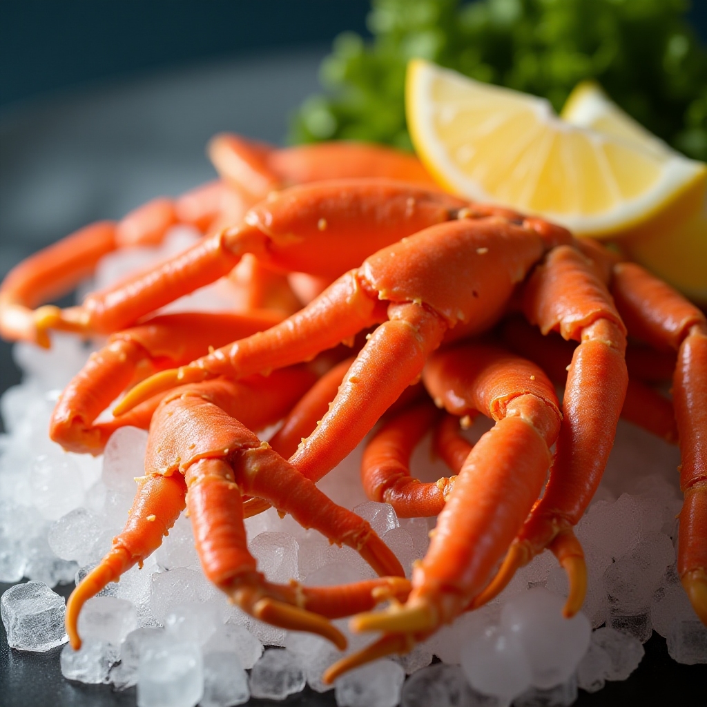 Alaskan King Crab legs on ice with lemon wedges