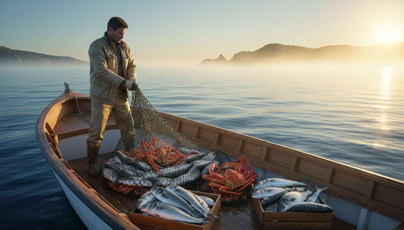 Fisherman hauling fresh catch from the ocean at sunrise