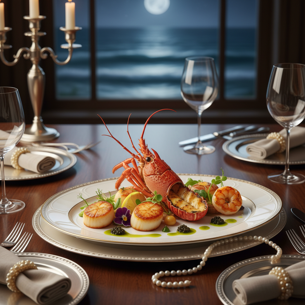 Beautifully plated seafood dish on a luxurious dining table