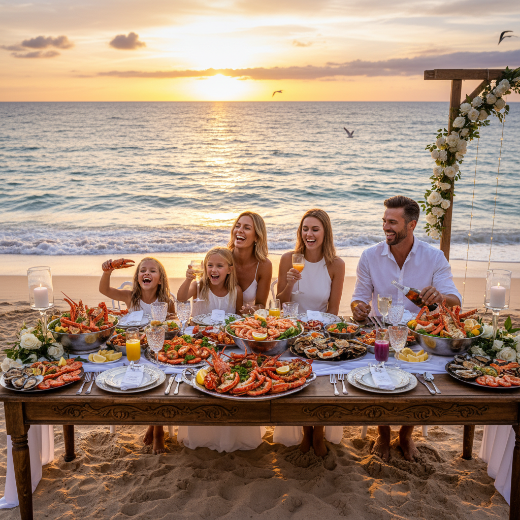 Family enjoying seafood feast at sunset beside the ocean