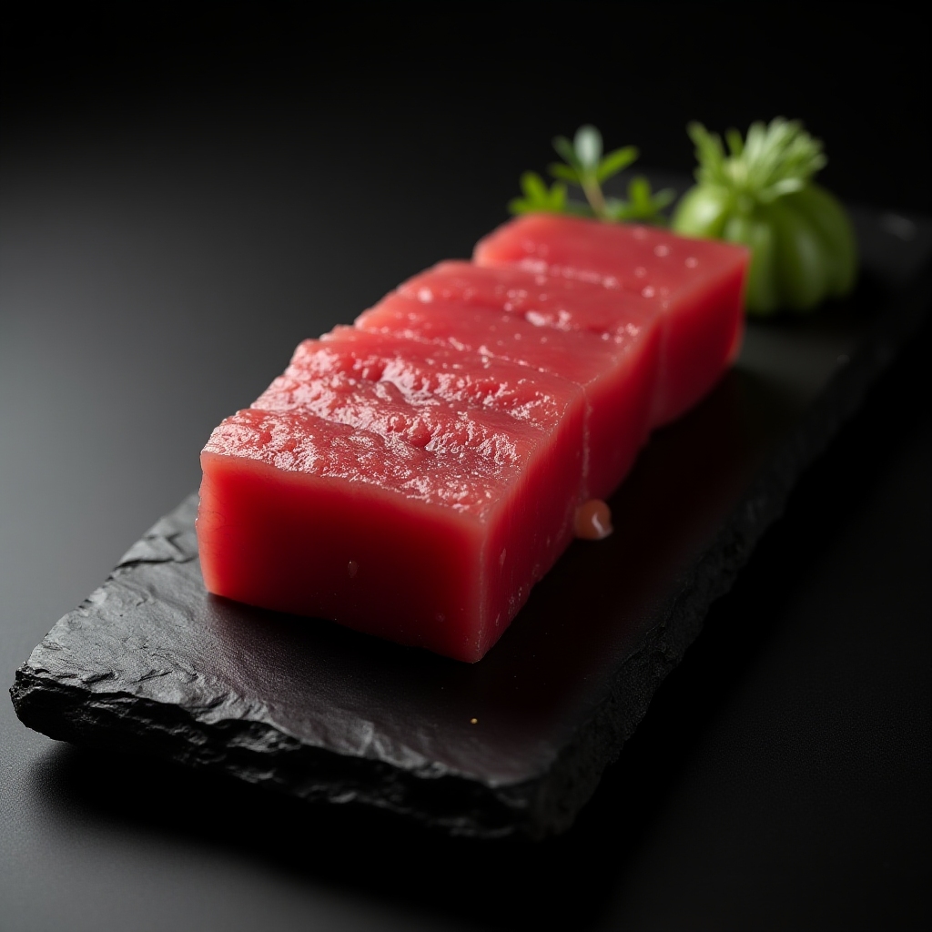 Sushi-grade Bluefin Tuna steak with seaweed and wasabi
