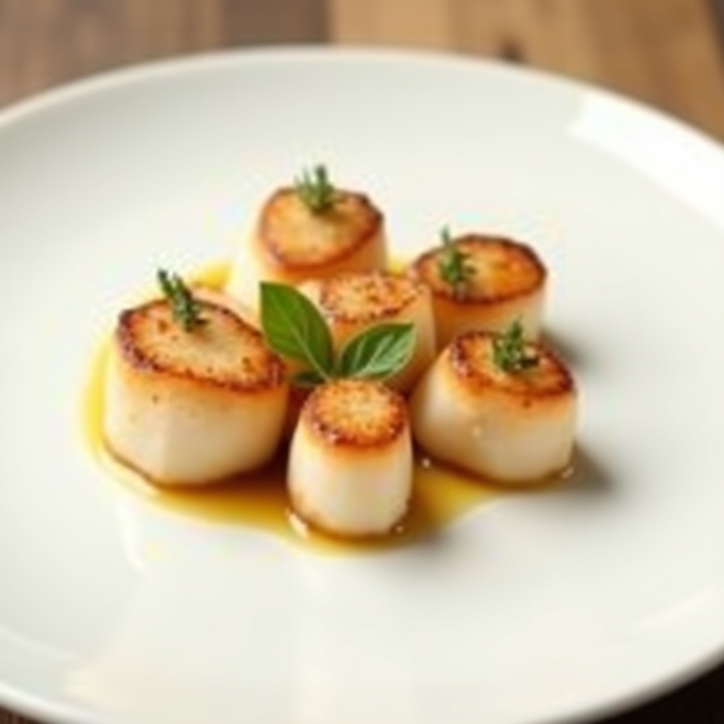 Jumbo Sea Scallops seared on a pearl-white plate