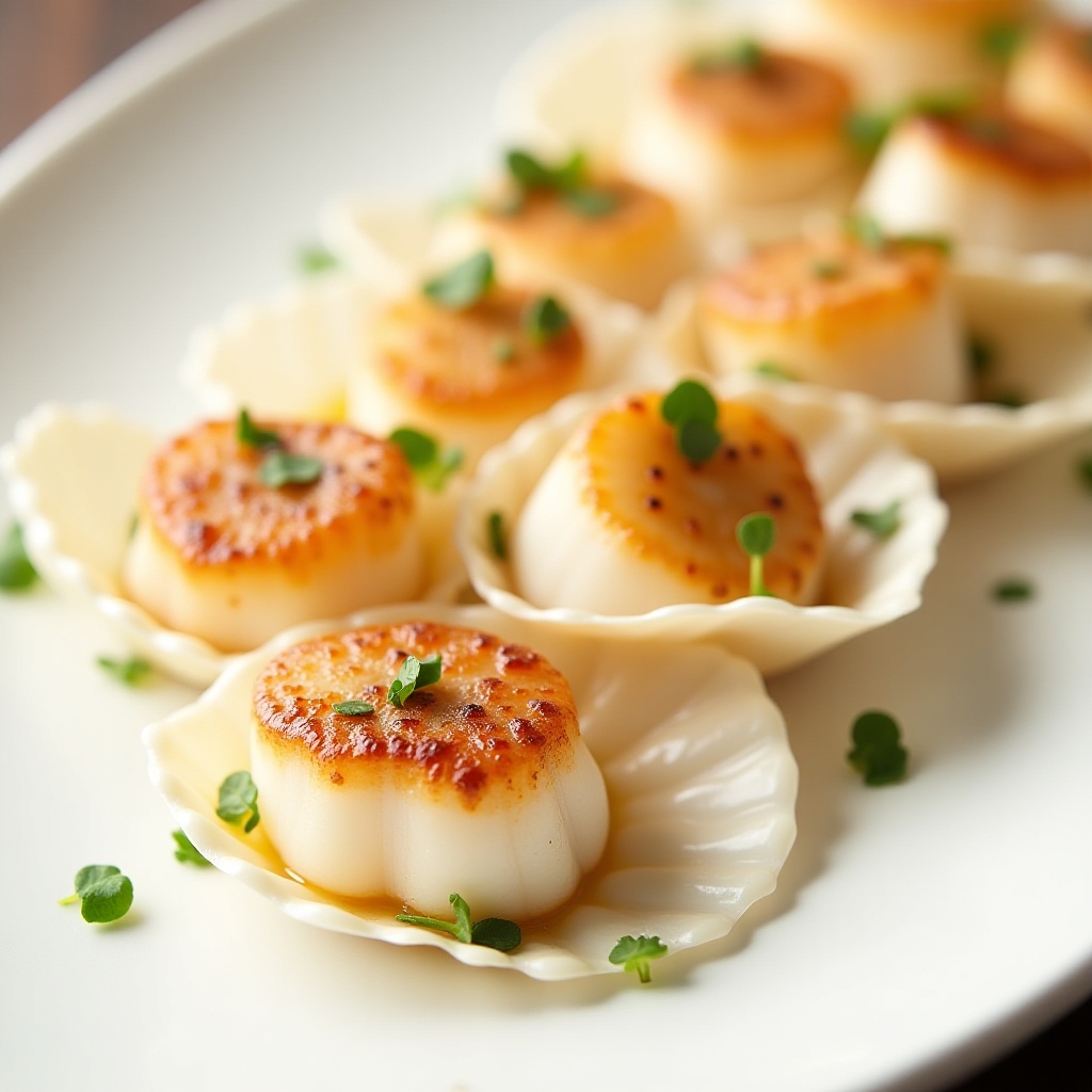 Jumbo Sea Scallops arranged on shells with microgreens