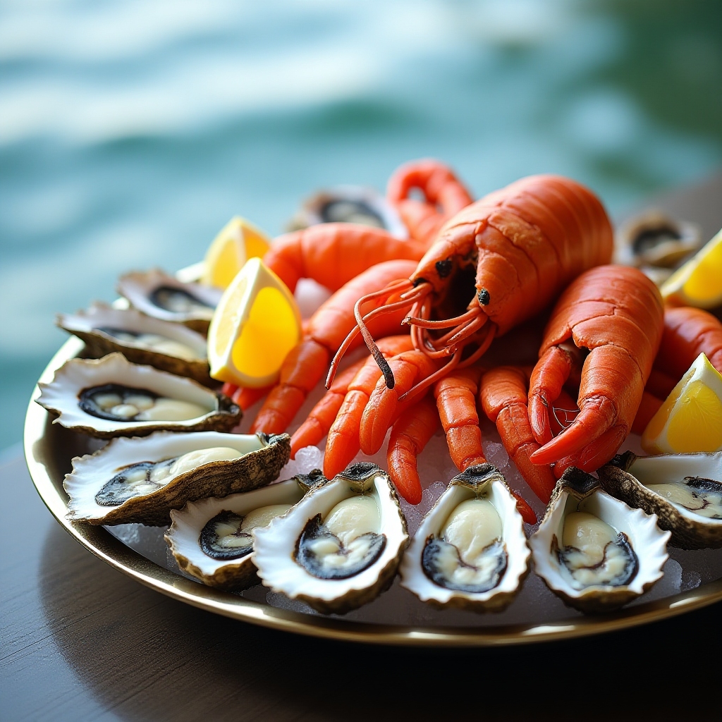 A luxurious platter with fresh oysters, lobster, prawns, and lemon slices on a bed of ice, with a subtle ocean background