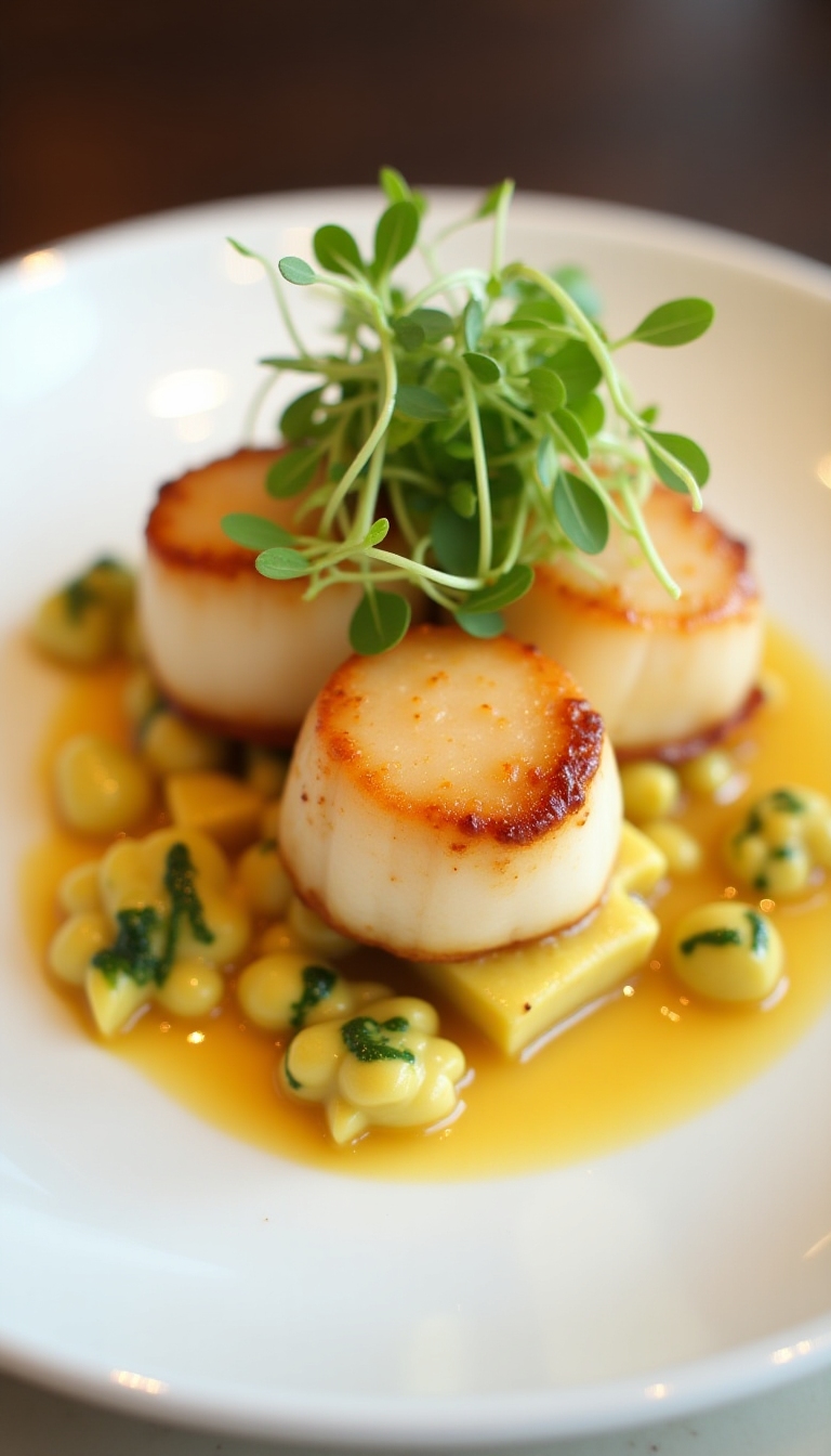 Seared scallops plated with microgreens