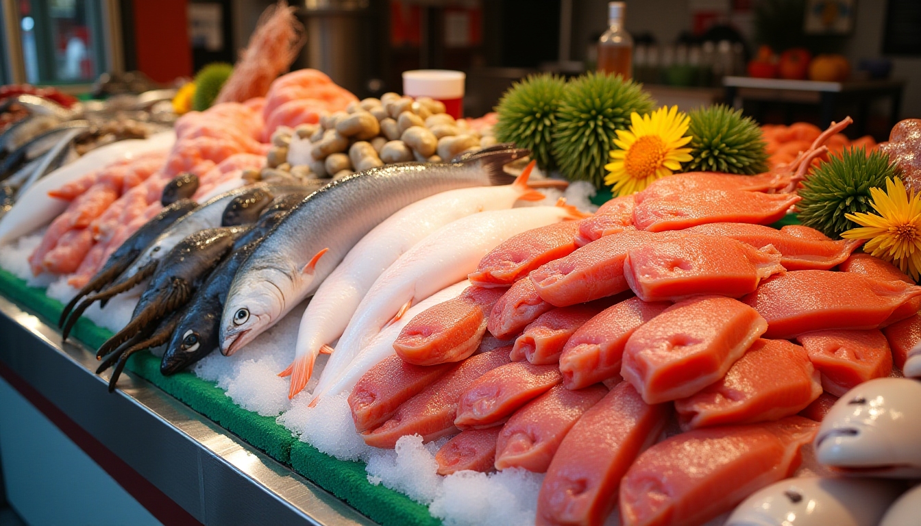 Market display with a vibrant selection of fresh seafood