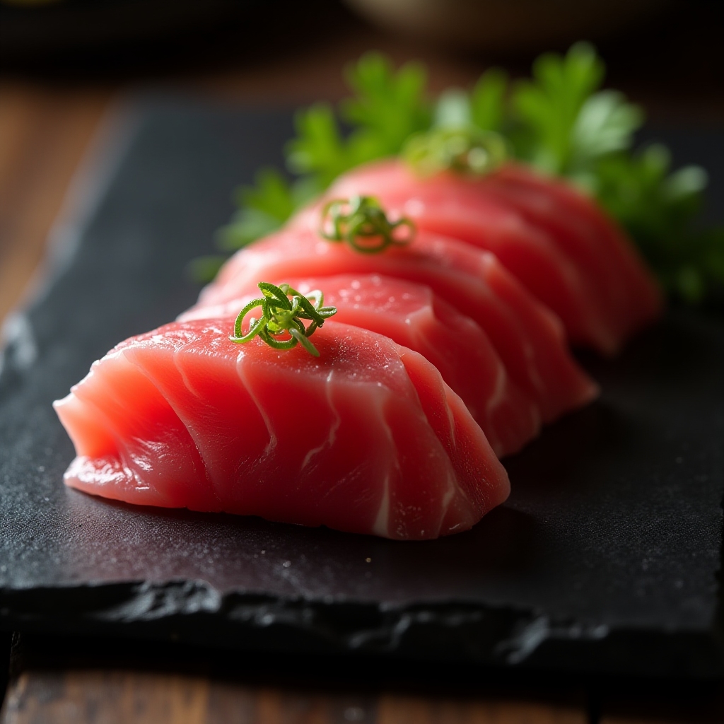 Sushi-grade tuna slices on slate with garnish