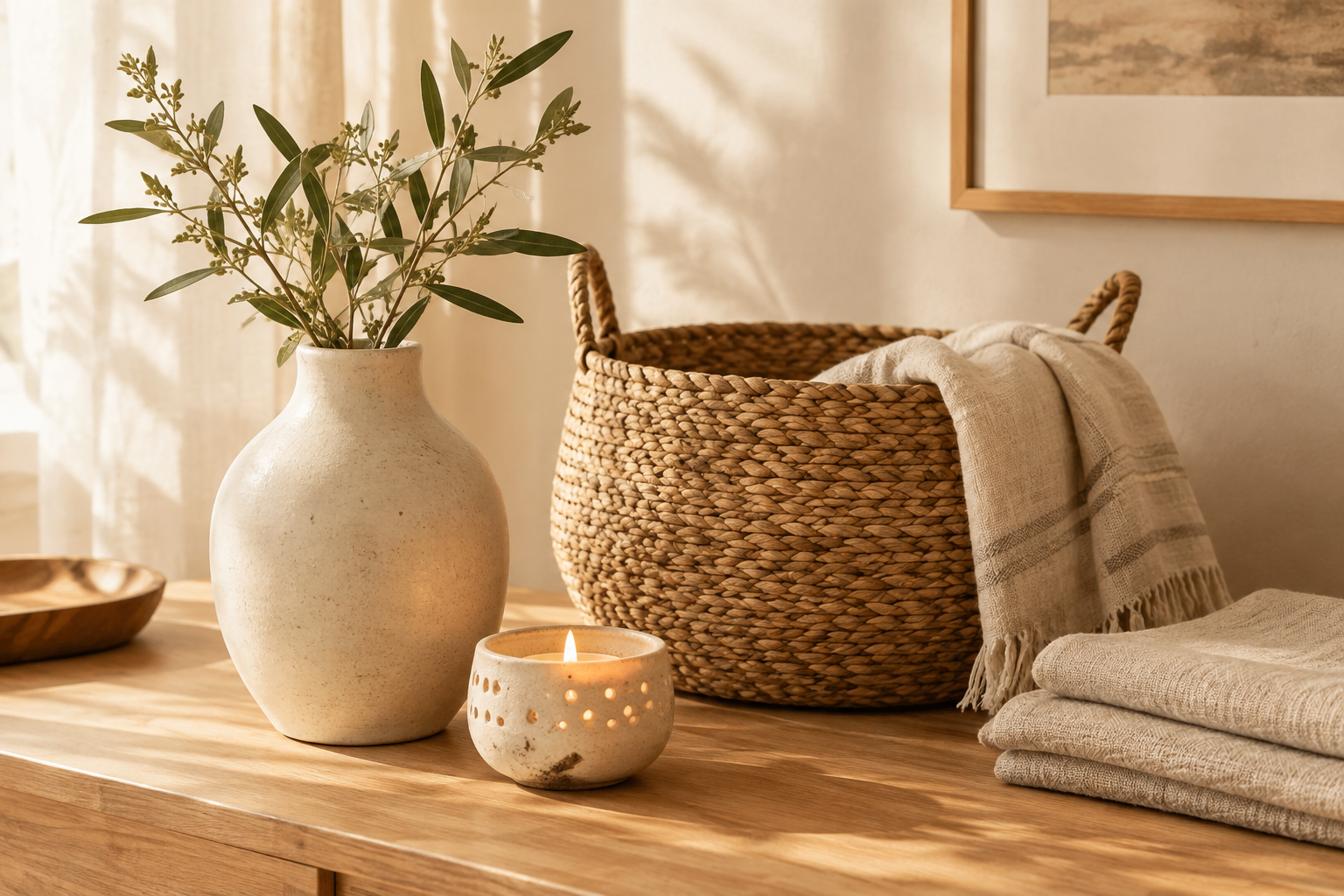 Styled warm interior vignette with handmade ceramic vase, woven basket accents, linen texture, and soft natural window light