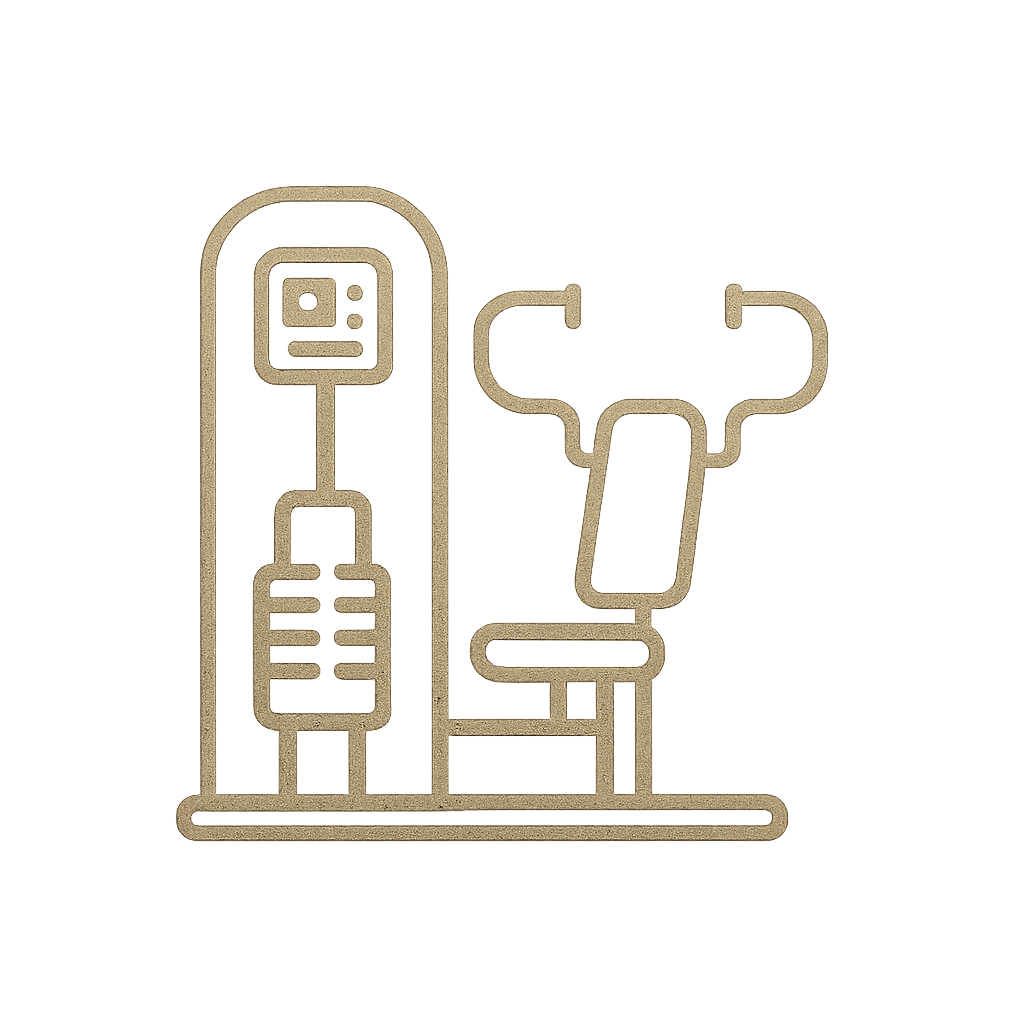 Gold icon of high-tech gym equipment, symbolizing advanced fitness machines, on dark background.