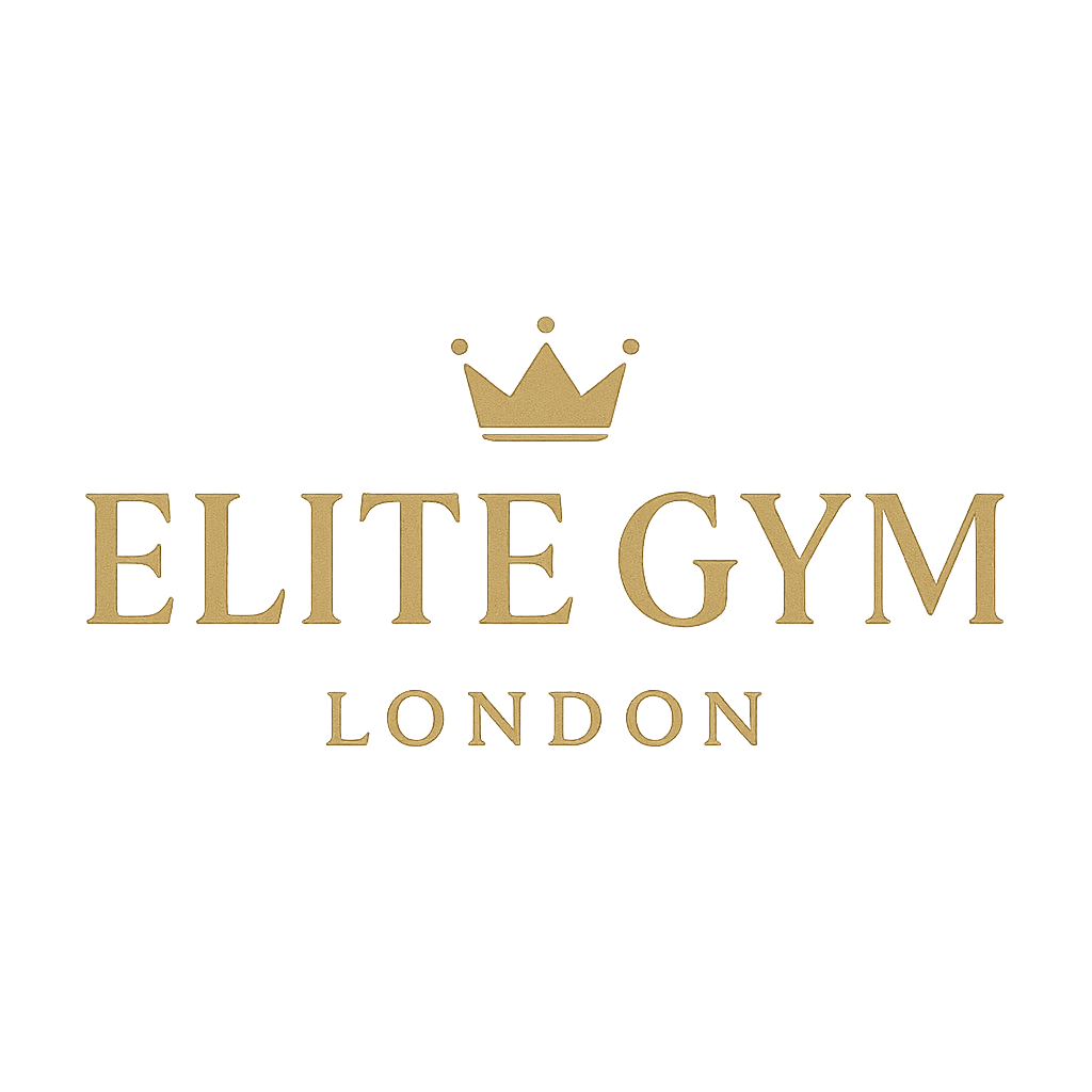 Elite Gym London logo with gold wordmark and minimalist crown