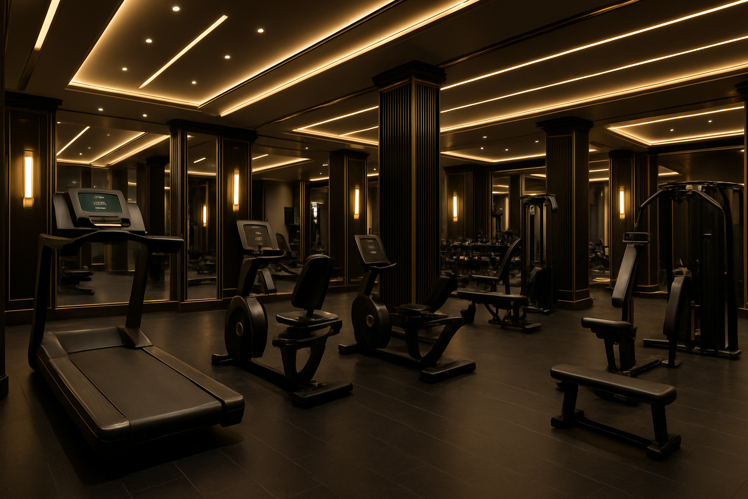 Spacious luxury gym interior, elegant lighting, premium equipment, gold accents