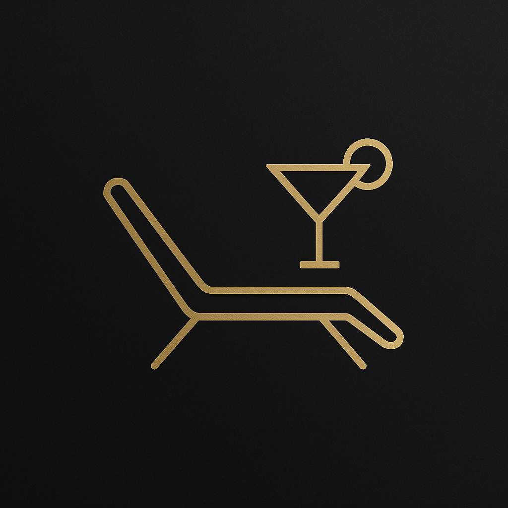 Gold icon of lounge chair and cocktail glass, representing a luxury members’ lounge, on dark background.