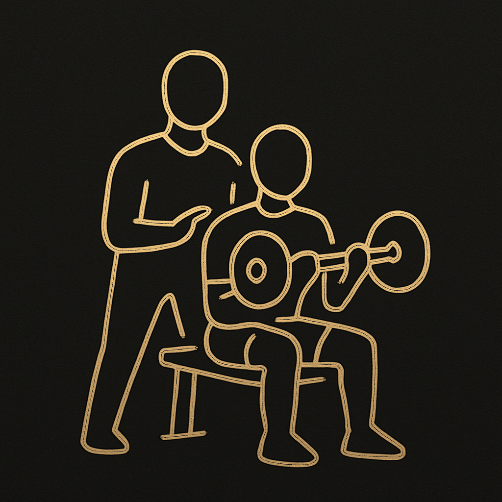 Gold outline icon of a personal trainer assisting a client with weights, on dark background.