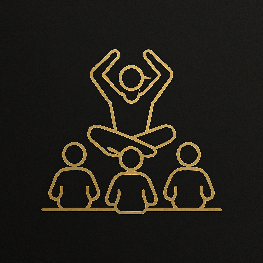 Gold icon of a group exercise class with instructor, on dark background.