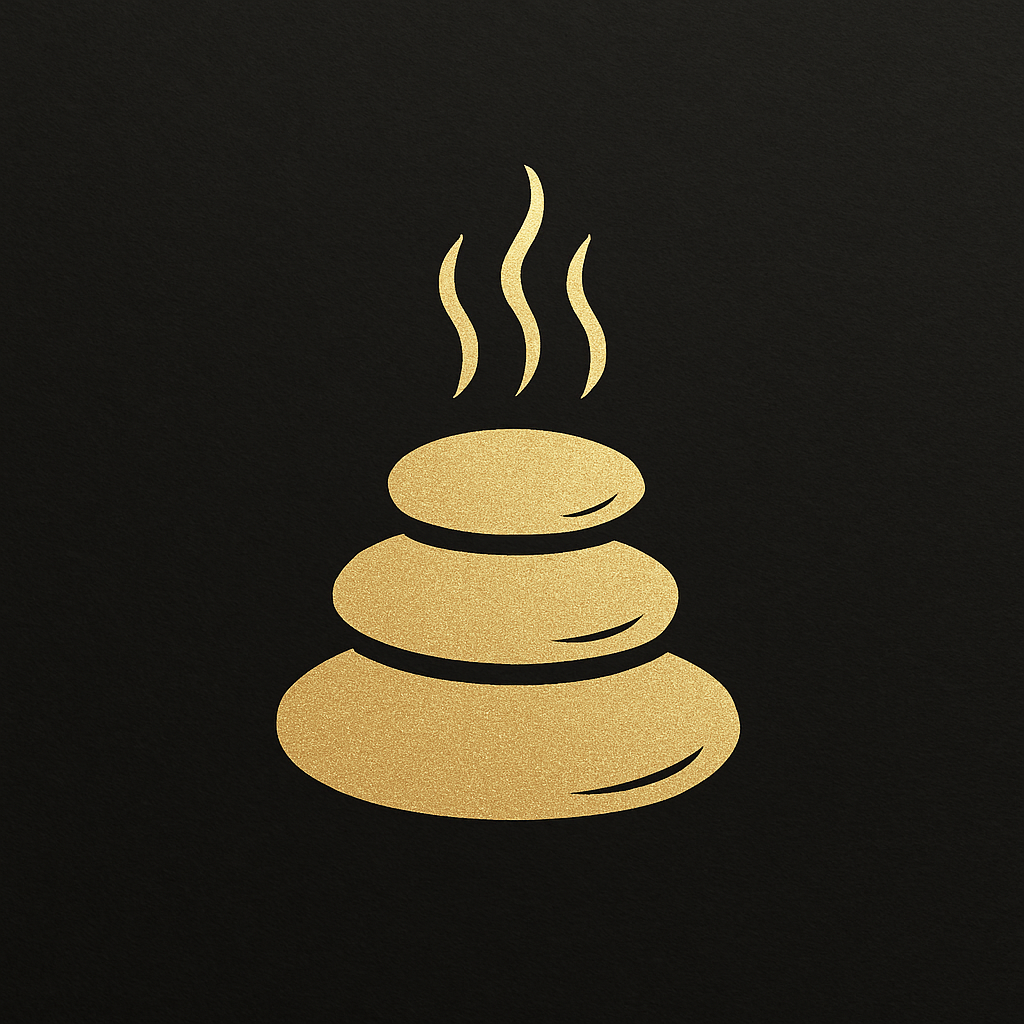 Gold icon of a spa stone and steam, symbolizing luxury spa services, on dark background.