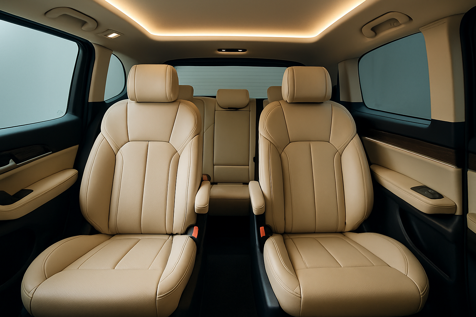 Luxury private ride interior with leather seats and ambient lighting