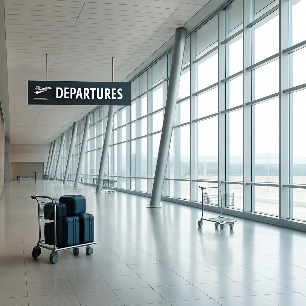 Bright airport terminal with tall windows, luggage carts, and a sleek departure hall