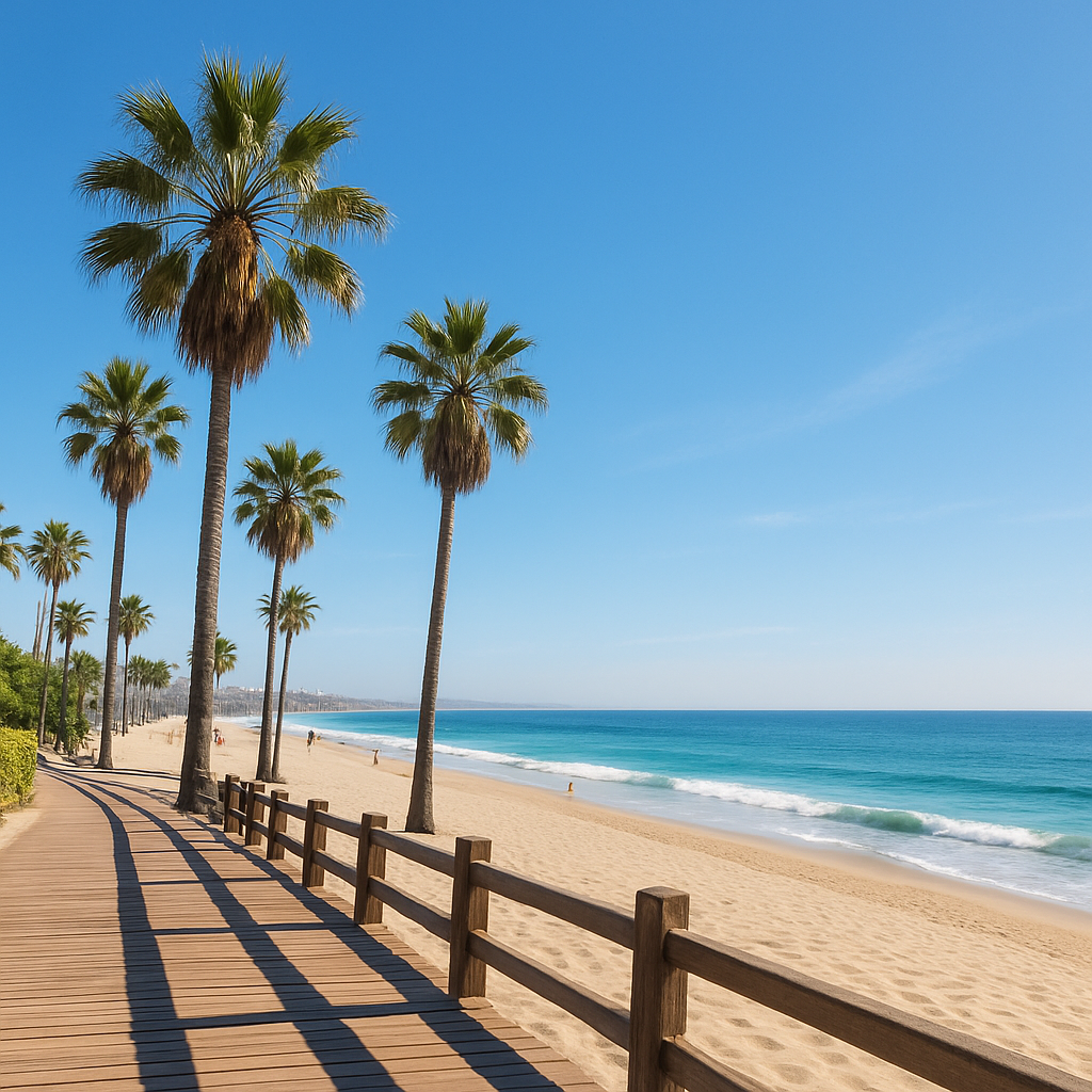 Sunny Southern California beach with palm trees, boardwalk, and gentle ocean waves