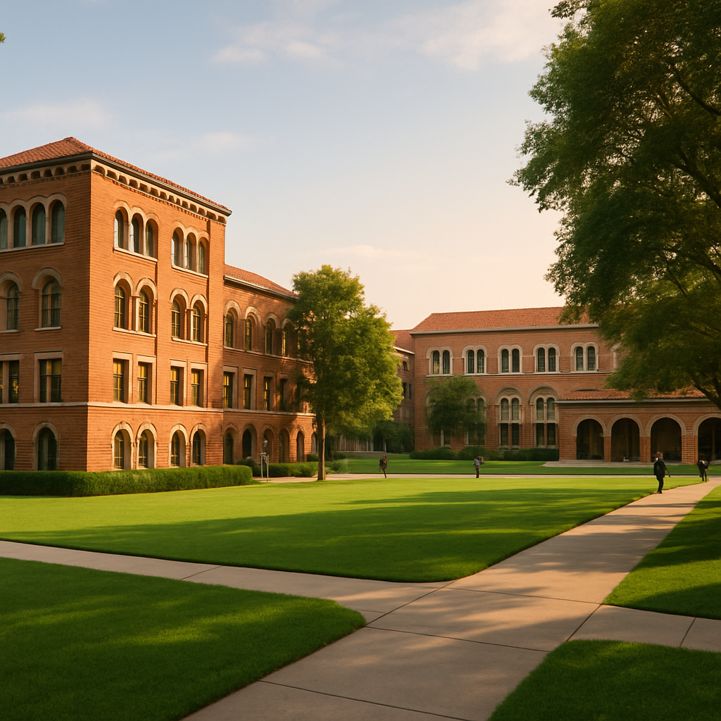 Modern university campus quad with brick buildings, green lawn, and students walking