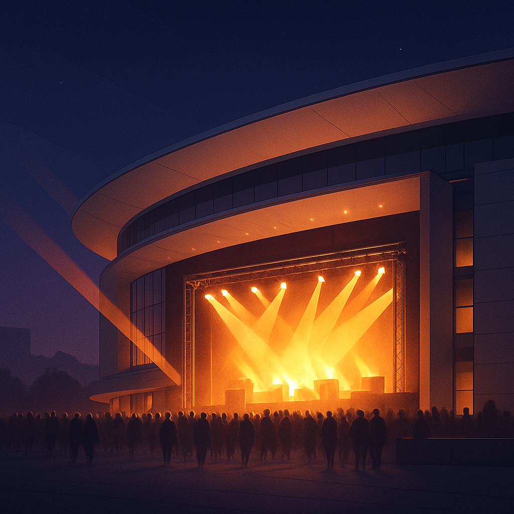 Evening concert venue with glowing stage lights and a modern arena exterior