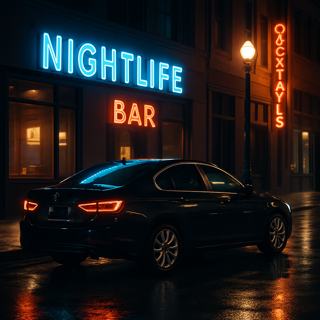 Nighttime city street with a sleek black sedan parked under neon lights