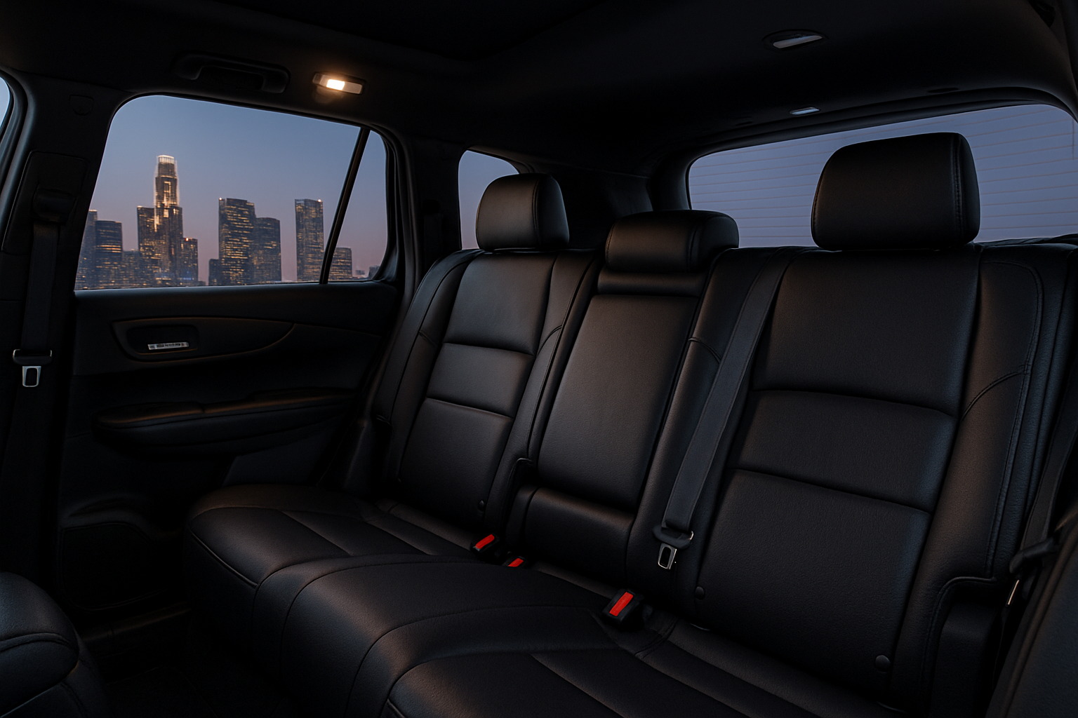Premium Los Angeles private SUV interior with soft lighting and city skyline atmosphere