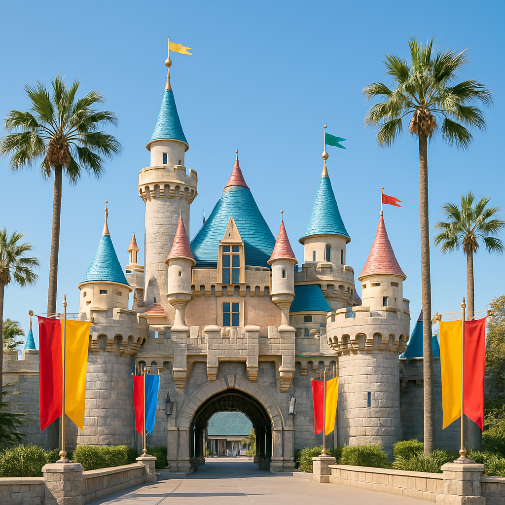 Iconic theme park entrance with colorful turrets and palm trees under a bright Southern California sky