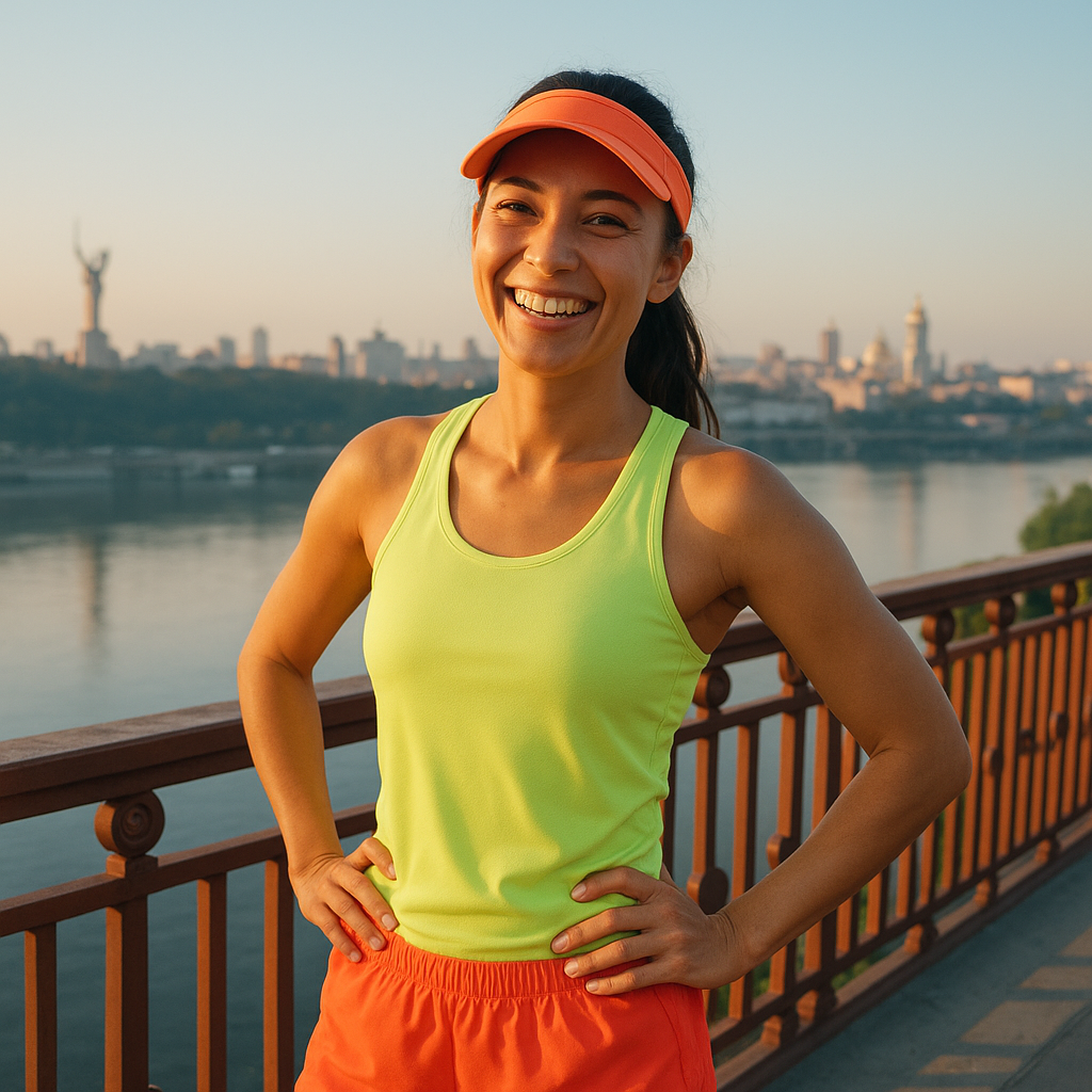 Smiling female runner standing on a bridge in Kyiv with the city skyline and Dnipro river in the background