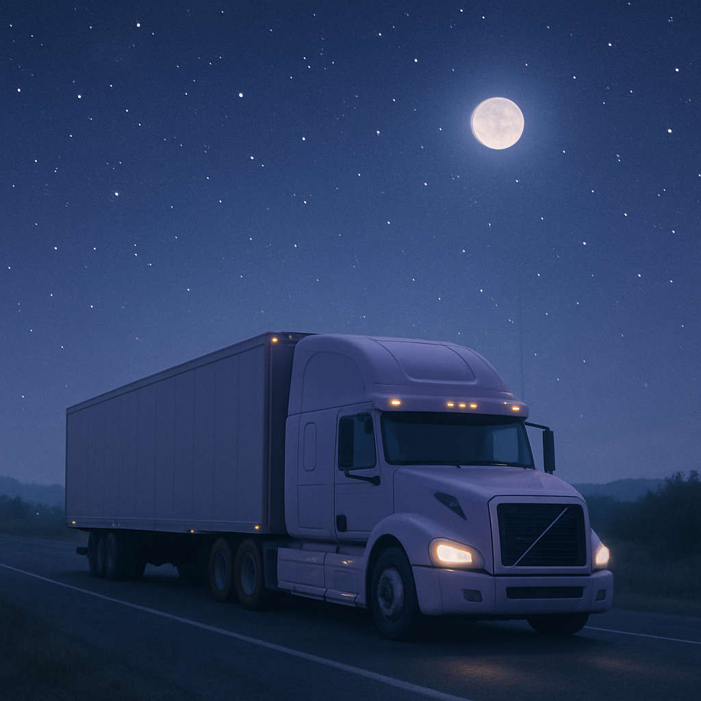 A peaceful highway scene with a modern semi-truck driving at sunrise, soft light and airy sky, calm and inviting mood