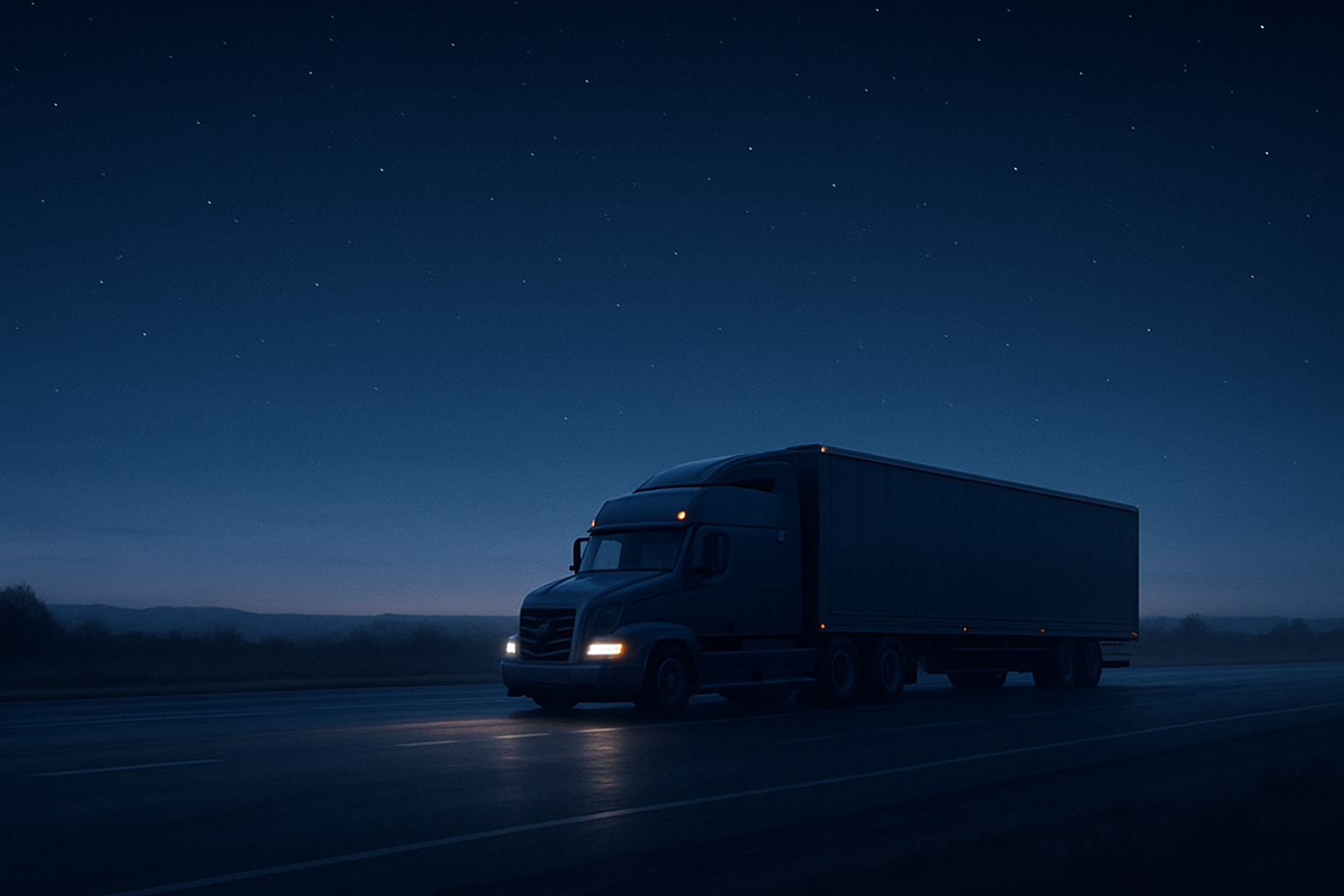 Wide cinematic night highway with a moving truck, calm reflective road, and soft horizon glow under a starry indigo sky