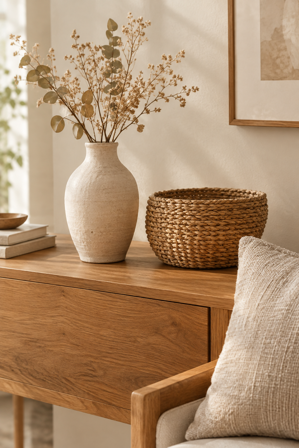 Softly lit artisan home decor scene with a handmade ceramic vase, woven basket, and linen cushion styled on a warm natural wood console