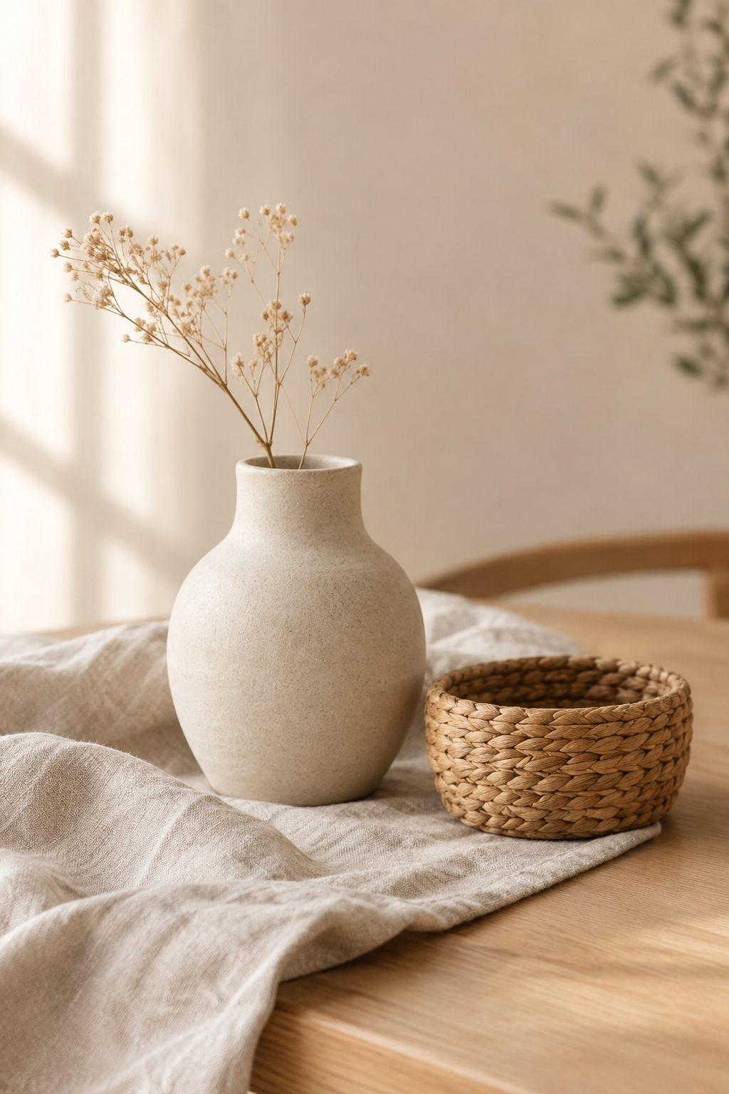 Editorial still life of a matte clay vase on a light linen cloth with a small woven basket and warm wood tabletop