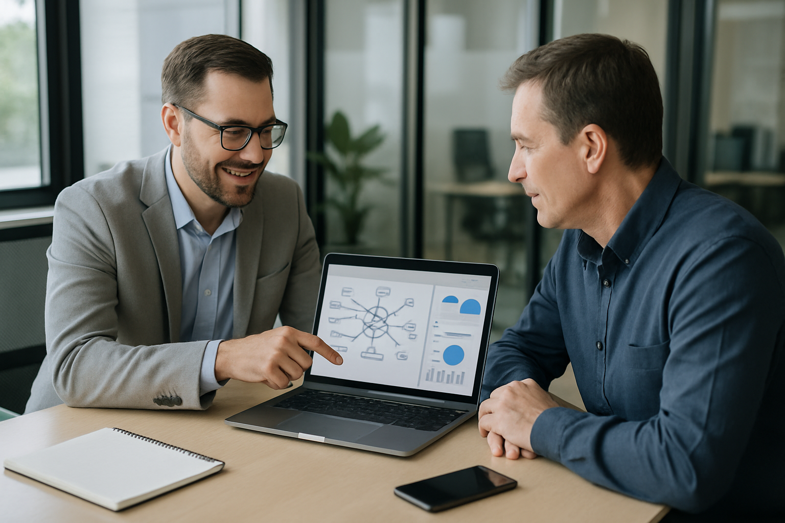 Trailside Communications team member assisting a business client with office telecom planning in a modern Worcester workspace